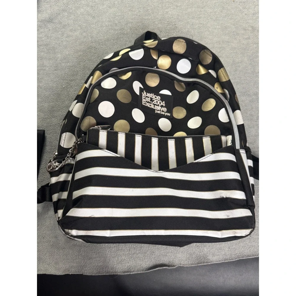 Justice Est. 2004 Exclusive Polka Dot Stripe Backpack with Removable Pouch Black